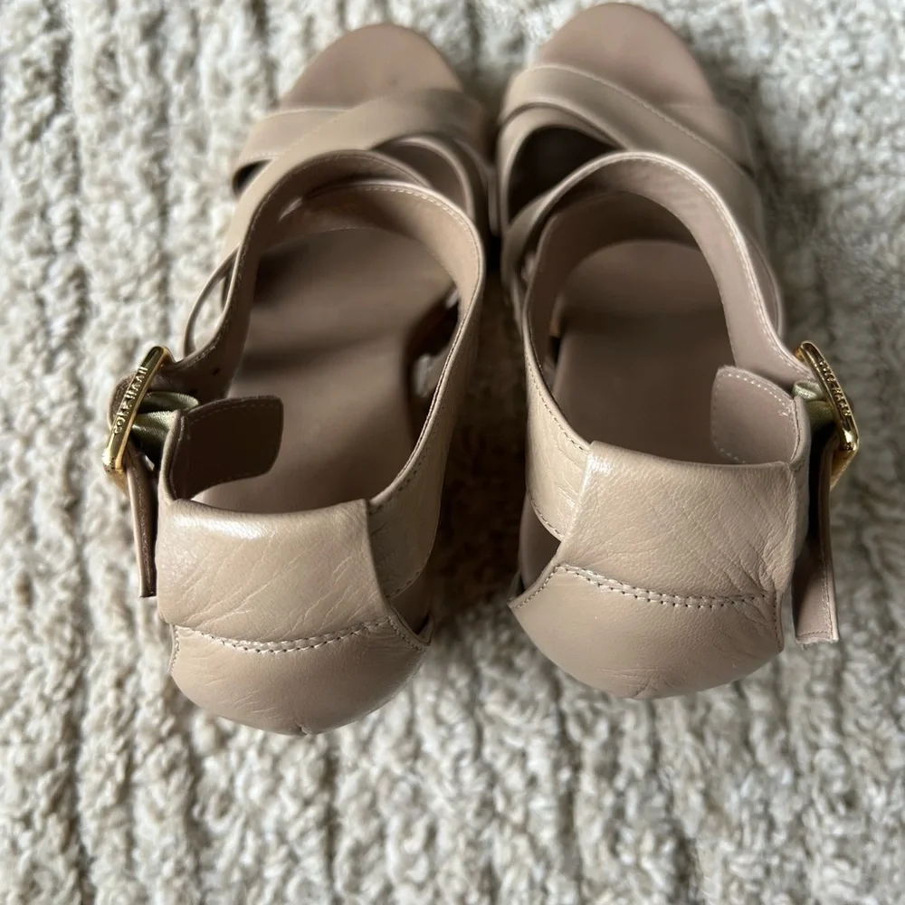 Cole Hann Neutral Cork Wedge Sandals with Gold Buckle